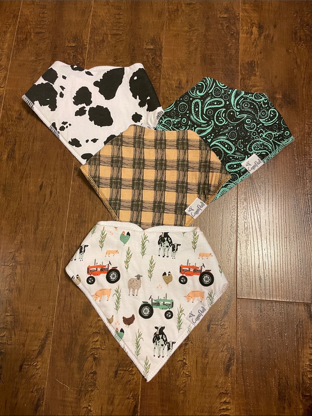 Reversible Kids Bandana Bibs - Farm, Cow Print, Plaid & Teal Paisley